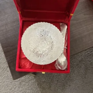 3.75"-4" brass bowl, stainless steel spoon and velvette gift box