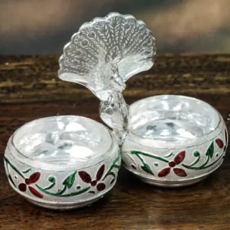 German Silver Peacock Haldi Kumkum Holder