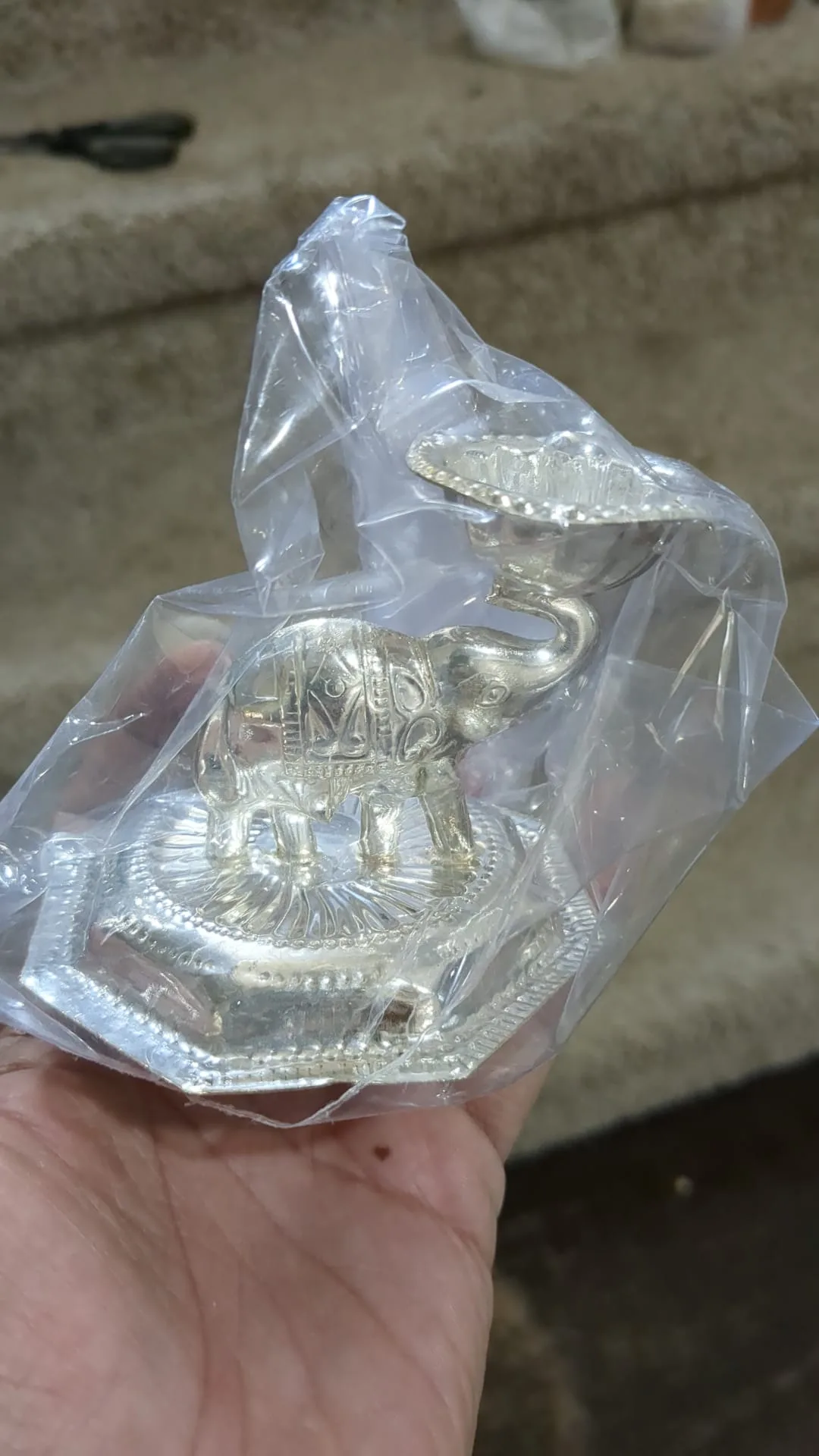 German silver elephant diya 3 inch traditional puja oil lamp