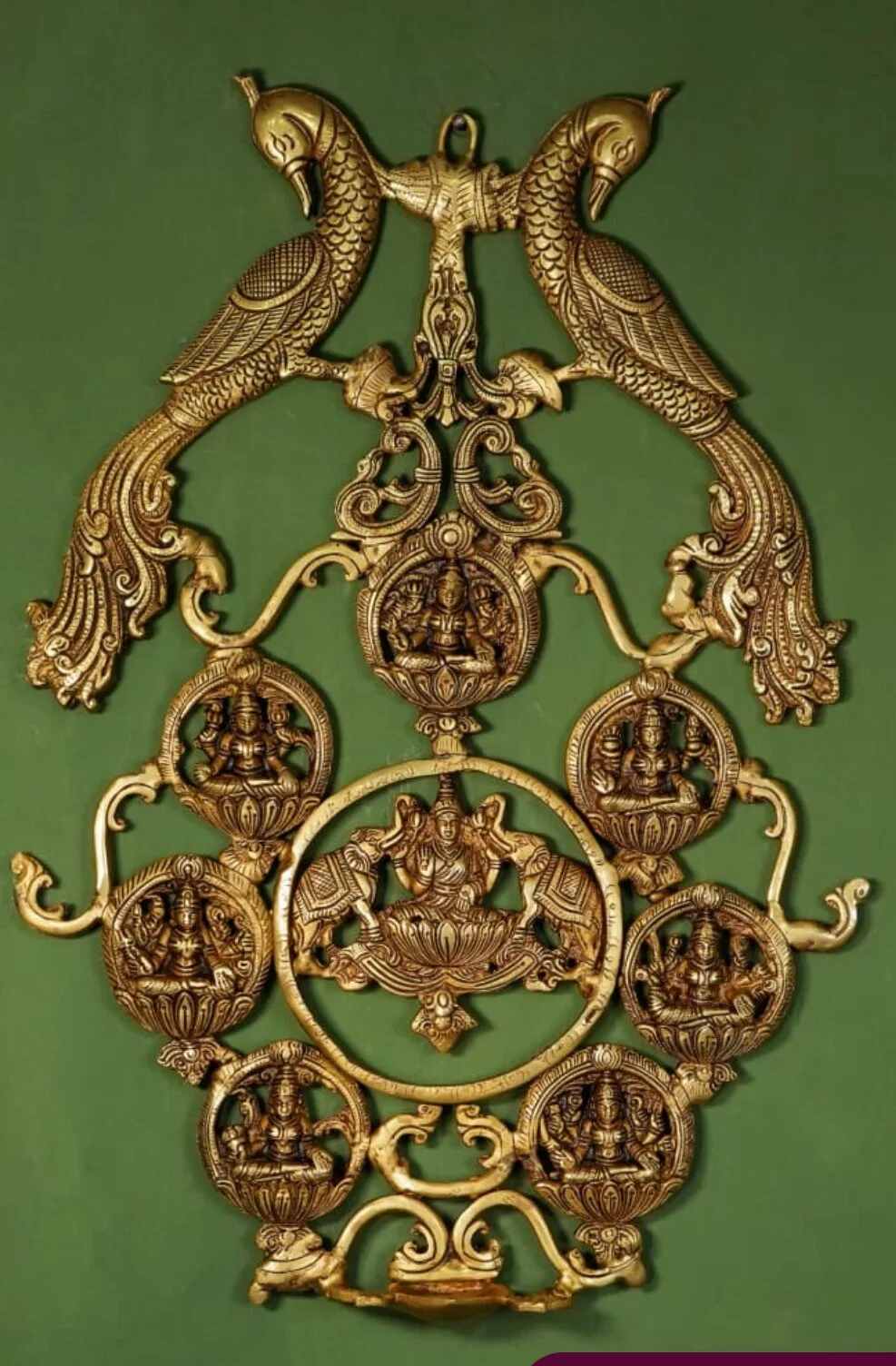 Handcrafted brass AshtaLakshmi wall hanging with antique finish and diya