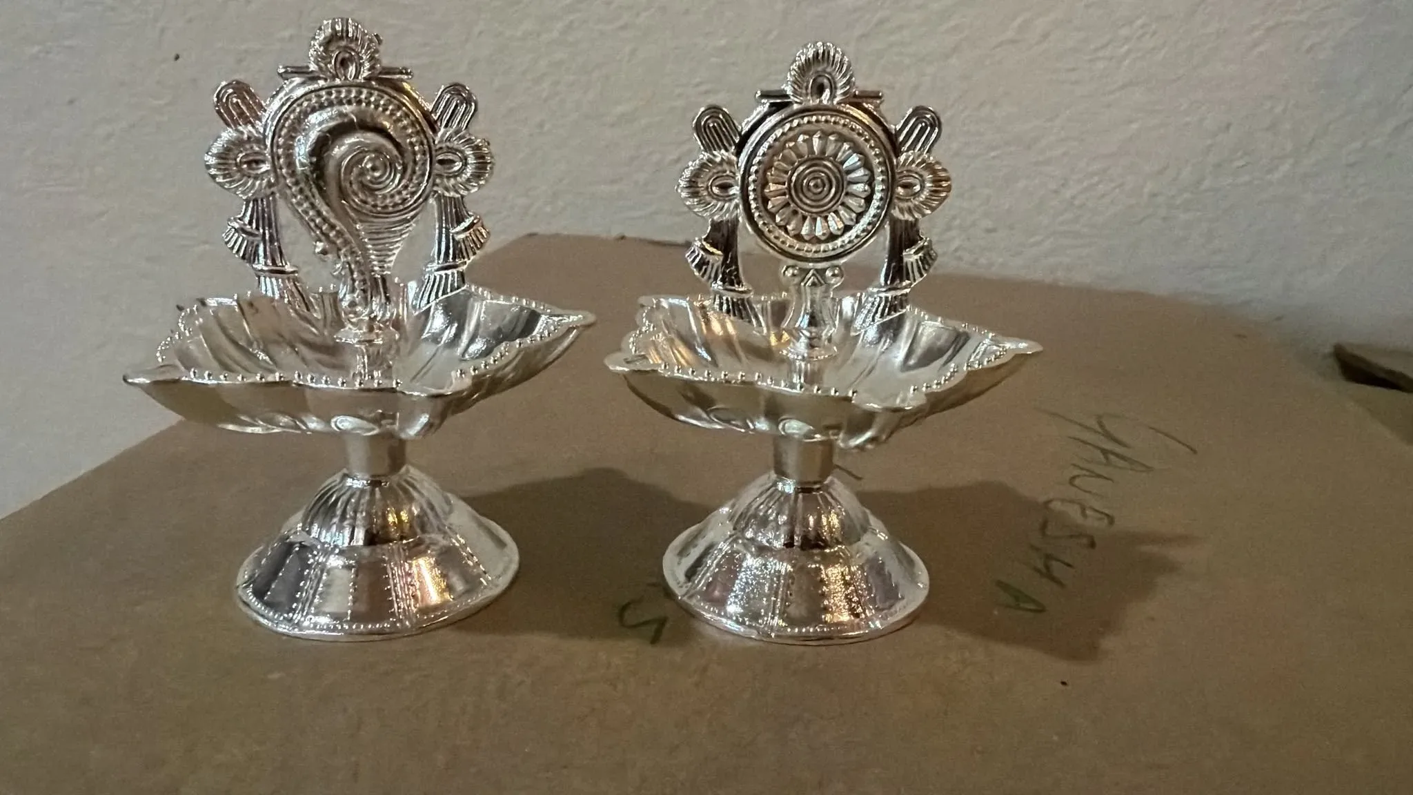 3" Zinc Alloy Balaji Shankhu Chakra Diya Pair – Silver Finish